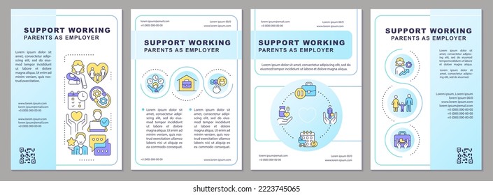 Support working parents blue brochure template. Family-friendly. Leaflet design with linear icons. Editable 4 vector layouts for presentation, annual reports. Arial, Myriad Pro-Regular fonts used