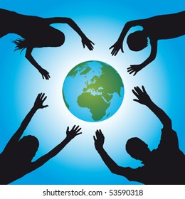 Support the world. Members of a family together, mother, father, daughter and son