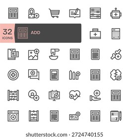 Apoie seu sistema de design com 32 Bold Line ícones baseados em Adicionar, reutilizável e arrumado.