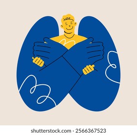 Support your inner concept. Big hand embraces himself. Colorful vector illustration
 