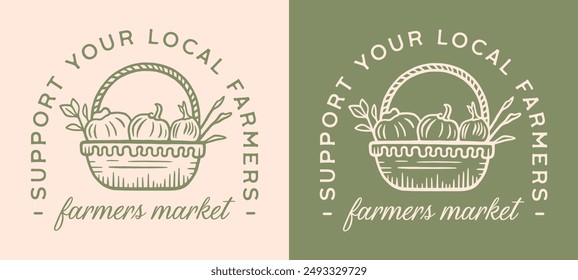 Support your local farmers market organic vegetables basket vegetarian shirt design quotes. Vintage retro green cottagecore aesthetic fresh food drawing illustration for print poster vector cut file.