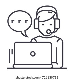 support,customer service,man with computer and headset and chat vector line icon, sign, illustration on background, editable strokes