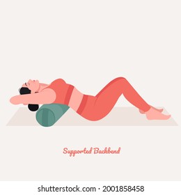 Supported Backbend with bolster Yoga pose. Young woman practicing yoga  exercise. Woman workout fitness, aerobic and exercises. Vector Illustration.