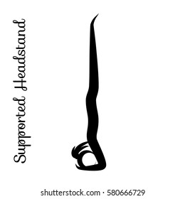 Supported Headstand, Salamba Sirsasana. Yoga Position. Vector Silhouette Illustration. Vector graphic design or logo element for spa center, studio, poster. Yoga retreat. Black. Isolated.