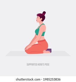 supported hero's Yoga pose. Young woman practicing yoga  exercise. Woman workout fitness, aerobic and exercises. Vector Illustration.