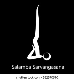 Supported Shoulderstand, Salamba Sarvangasana. Yoga Position. Vector Silhouette Illustration. Vector graphic design or logo element for spa center, studio, class, center, poster. Yoga retreat. White.