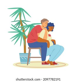 Supported squats birth position, flat vector illustration isolated on white background. Man or father supports pregnant woman during labor. Childbirth process at home.