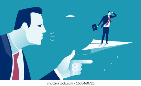 Supporter. Big businessman helps to a small businessman to fly on the paper airplane.  Vector concept illustration of a start-up project