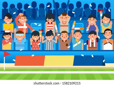 Supporter Cheering From Stadium Seat Beside The Football Field, Happy And Sad Supporter Vector Illustration. Use For Poster, Banner And Anything