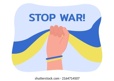 Supporter with flag and bracelet with colors of Ukrainian flag. Activist or protestor, text saying stop war flat vector illustration. Peace, support, freedom concept for banner or landing web page