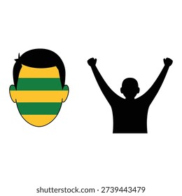 Supporter head icon with cheering silhouette, sports rally poster, victory chant session, stadium crowd engagement workshop materials and templates