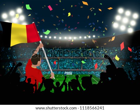 supporter hold Belgium flag among silhouette audience in soccer stadium to celebrate or cheer football game.concept for nation football result template in vector illustration.
