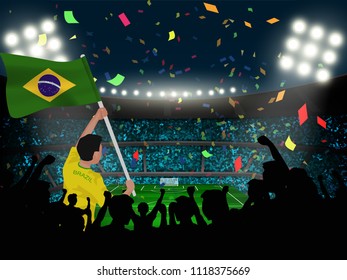 supporter hold Brazil flag among silhouette audience in soccer stadium to celebrate or cheer football game.concept for nation football result template in vector illustration.