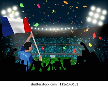 supporter hold France flag among silhouette of crowd audience in soccer stadium with confetti to celebrate or cheer football game.Concept design for football result template in vector illustration.