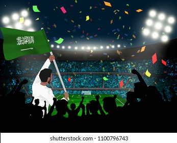 supporter hold Saudi Arabia flag among silhouette audience in soccer stadium in vector illustration. concept for football result template use in web or mobile phone application