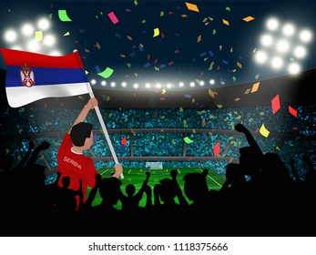 supporter hold Serbia flag among silhouette audience in soccer stadium to celebrate or cheer football game.concept for nation football result template in vector illustration.