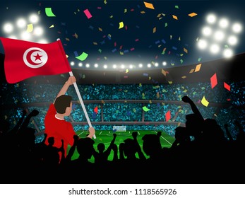 supporter hold Tunisia flag among silhouette audience in soccer stadium to celebrate or cheer football game.concept for nation football result template in vector illustration.