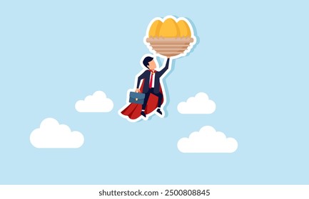 Supporter of wealth through making investments concept of A businessman like Superman, flying with golden eggs and their nest