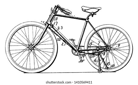 Supporting Brace for Bicycles is also known as training wheels which are mounted parallel to the rear wheel of a bike, vintage line drawing or engraving illustration.