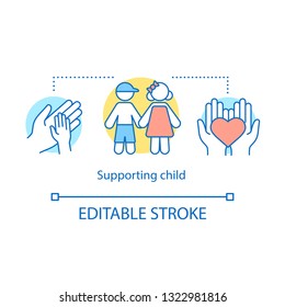 Supporting child concept icon. Childcare idea thin line illustration. Adoption, custody. Loving parents. Kids safety. Children's rights protection. Vector isolated outline drawing. Editable stroke
