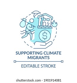 Supporting climate migrants concept icon. Environmetnal change idea thin line illustration. World tranformation caused by global warming. Vector isolated outline RGB color drawing. Editable stroke