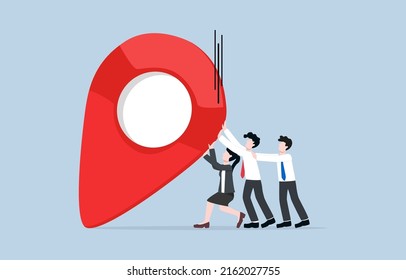 Supporting Company Survive During Economic Recession, Flexible Business To Overcome Hardship, Collaboration Concept. Colleagues Together Pushing Falling Down Location Pin Back To Original Position. 