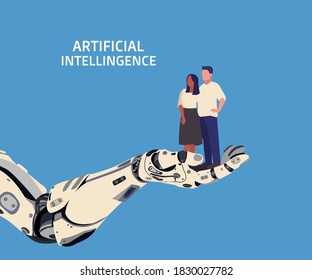 Supporting and cooperation of people and artificial intelligence. Vector of couple in love which standing on cyber hand.