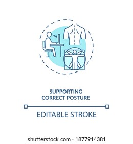 Supporting correct posture concept icon. Ergonomic design benefit idea thin line illustration. Monitor at eye level. Slouching prevention. Vector isolated outline RGB color drawing. Editable stroke