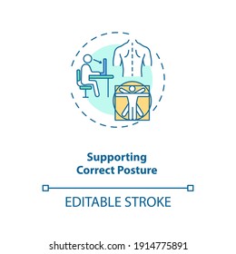 Supporting Correct Posture Concept Icon. Ergonomic Design Benefit Idea Thin Line Illustration. Correct Sitting Position. Neutral Spine. Vector Isolated Outline RGB Color Drawing. Editable Stroke