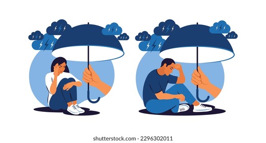 Supporting depressed crying people under stress. Psychotherapy and mental issues. Support and aid for people under stress and depression concept. Vector illustration.