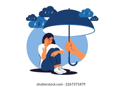 Supporting depressed crying woman under stress. Psychotherapy and mental issues. Support and aid for people under stress and depression concept. Vector illustration.