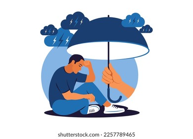 Supporting depressed man under stress. Psychotherapy and mental issues. Support and aid for people under stress and depression concept. Vector illustration.