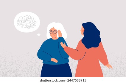 Apoyo a las personas mayores con demencia. El cuidador o un miembro de la familia ayuda a la mujer mayor con trastorno neurológico.  Ilustración vectorial de salud mental