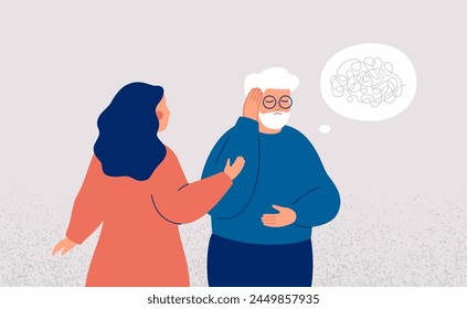 Apoyo a las personas mayores con demencia. El cuidador o un miembro de la familia ayuda al hombre mayor con trastorno neurológico.  Ilustración vectorial de salud mental