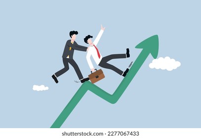 Supporting employee to improve performance, 
mentorship for career growth, motivation and encouragement concept, Employer pushing employee to step up rising graph. 