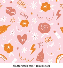 Supporting female seamless pattern with motivational phrases. Vector feminist repeat background. Girl power fabric design.