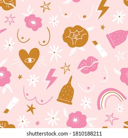 Supporting female seamless pattern. Vector feminist repeat background. Girl power fabric design.