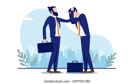 Supporting a Friend or Co-Worker Suffering From Stress - Businessman comforting sad colleague with problems. Friendship and sympathy at work concept. Vector illustration