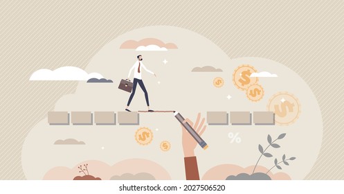 Supporting future career and business goal problems support tiny person concept. Help with financial gap and overcome economical crisis vector illustration. Teamwork bridge with line path drawing.