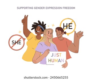 Supporting Gender Expression Freedom concept. Joyful allies championing the right to gender identity with positivity and unity. Embracing humanity beyond labels.