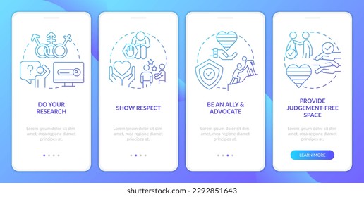 Supporting gender identity blue gradient onboarding mobile app screen. Walkthrough 4 steps graphic instructions with linear concepts. UI, UX, GUI template. Myriad Pro-Bold, Regular fonts used