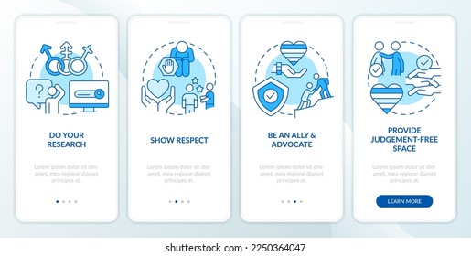 Supporting gender identity blue onboarding mobile app screen. Walkthrough 4 steps editable graphic instructions with linear concepts. UI, UX, GUI template. Myriad Pro-Bold, Regular fonts used