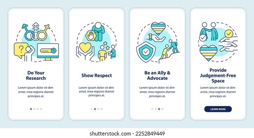 Supporting gender identity onboarding mobile app screen. Transgenders walkthrough 4 steps editable graphic instructions with linear concepts. UI, UX, GUI template. Myriad Pro-Bold, Regular fonts used