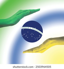 Supporting hand Brazil flag concept Independence day design vector, protective hands September 7th, Brazil Independence Day illustration.