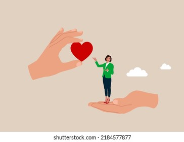 Supporting hand carry misfortune depressed woman and giving heart shape. Sympathy understanding and share feeling with others, support, kindness and compassion.