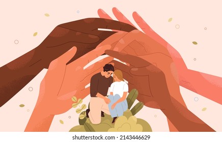 Supporting hands around sad couple after child loss. Care of people in difficult life situations, grief. Society, community for helping parents in sorrow, difficulties. Flat vector illustration