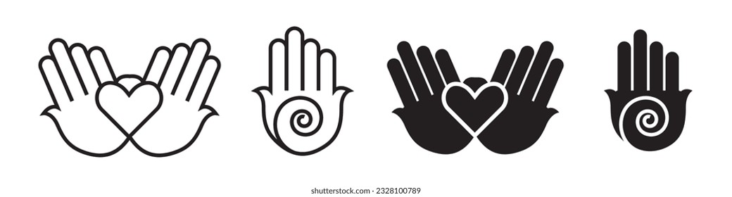 Supporting hands with heart icon set collection. Ethnic spiritual illusion vertigo sign. Symbol of Healing hypnotist. Spiral swirl shape shows unstable unconscious mind care. Love, help web app ui.