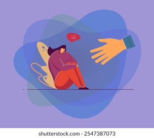 Mano humana de apoyo que ayuda a la mujer triste Ilustración vectorial plana. Dibujos animados de la señora solitaria sentada y abrazando las rodillas. Concepto de depresión y psicología