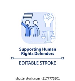 Supporting human rights defenders light blue concept icon. State support abstract idea thin line illustration. Isolated outline drawing. Editable stroke. Arial, Myriad Pro-Bold fonts used