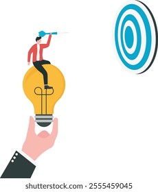 Supporting idea to reach target, consulting for creativity of employee at work concept, Manager hand holding light bulb to support businessman throwing dart into dartboard.
